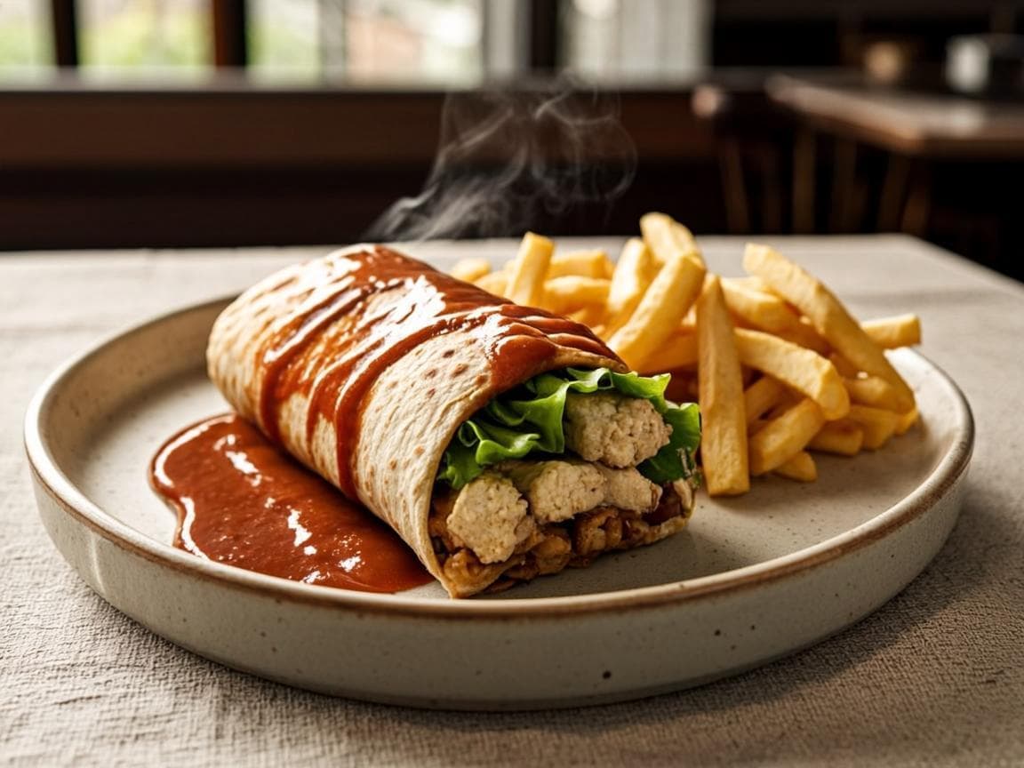 Crispy cottage cheese wrap with golden fries at Papilio