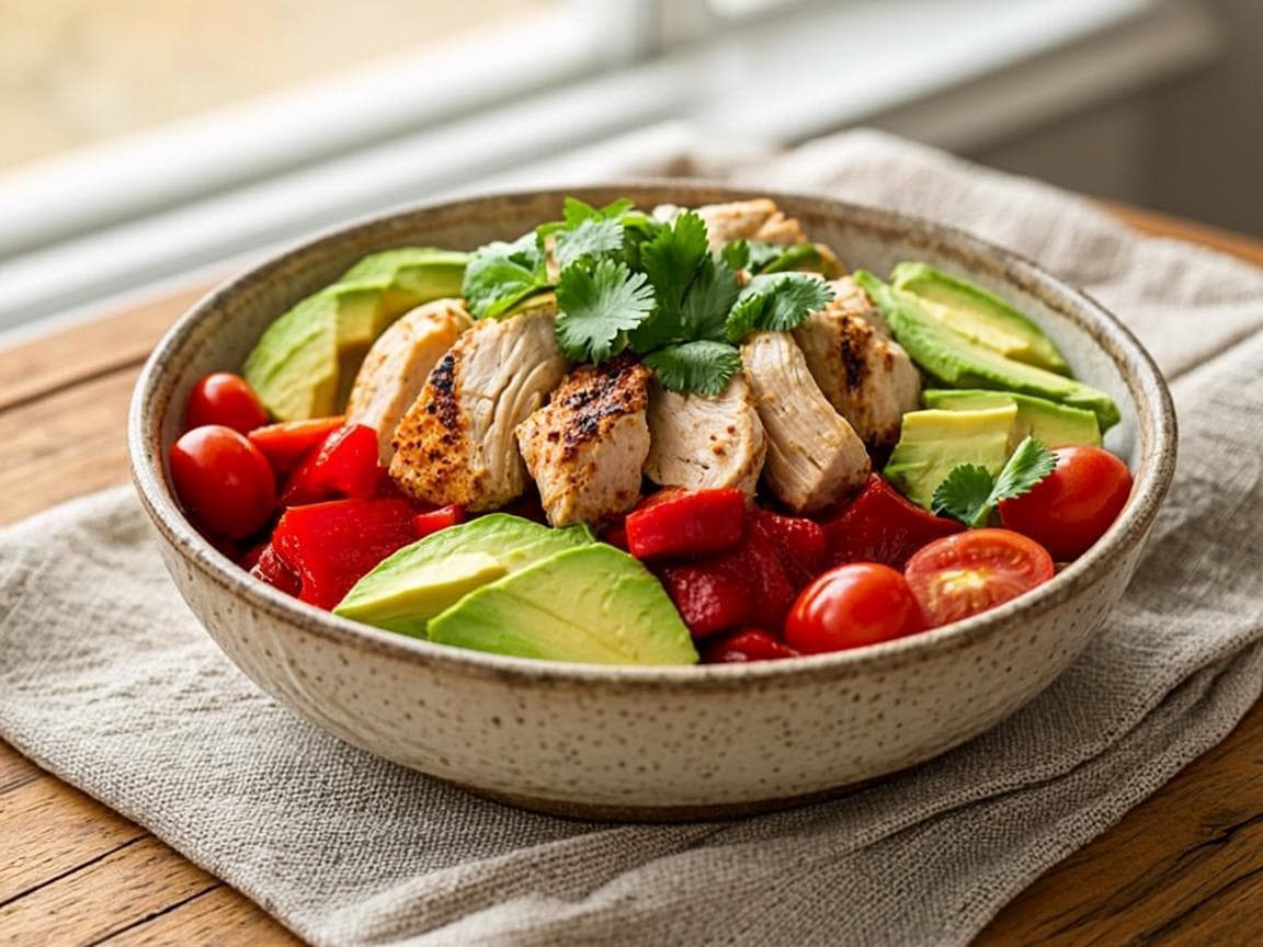 Chicken and avocado salad with cherry tomatoes and roasted peppers at Papilio