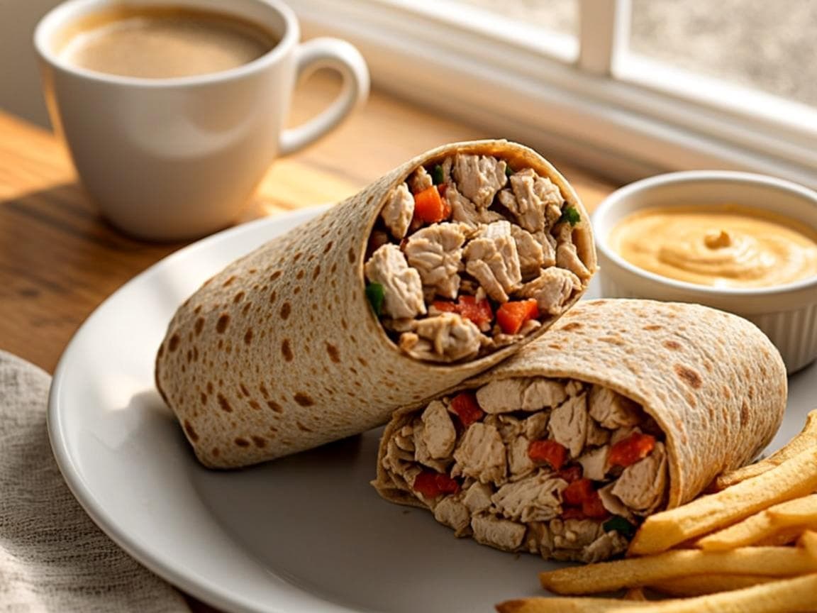 Buttermilk chicken wrap served with fries at Papilio
