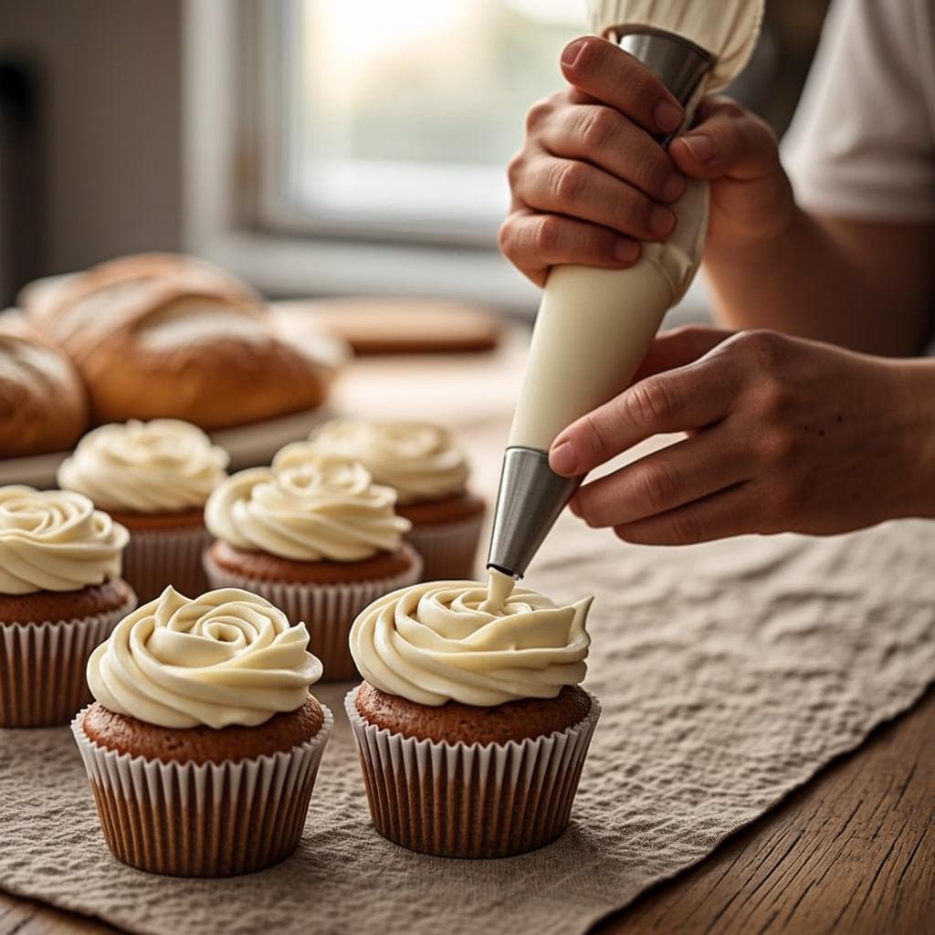 A baker's hands piping delicate cream rosettes onto pastries in the warm Papilio kitchen
