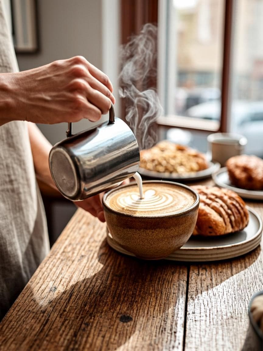 A barista pouring steamed milk into latte art at the wooden bar counter, steam rising