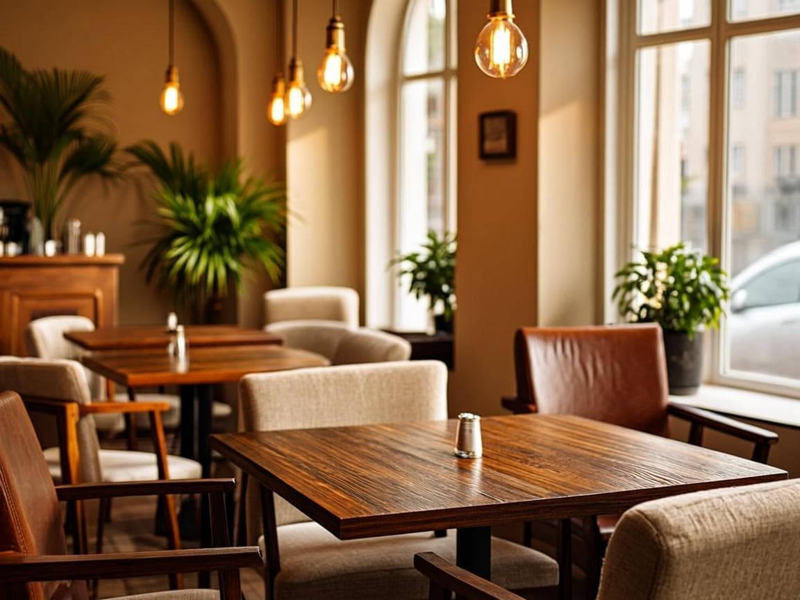The Papilio café interior with warm hanging lamps, wooden furniture and plants in golden afternoon light