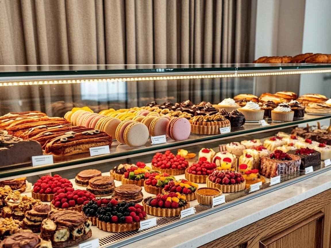 The patisserie counter at Papilio with rows of macarons, tarts, éclairs and cream desserts under warm display lighting