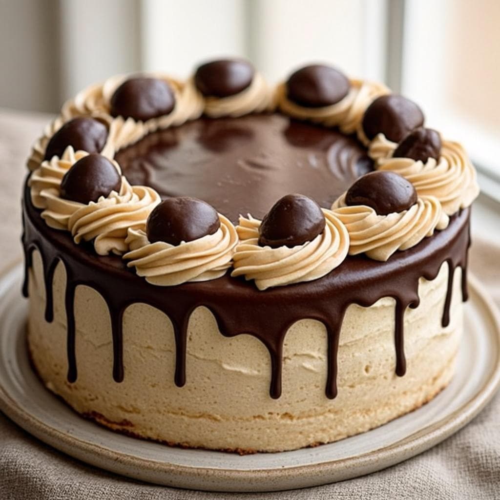 Chocolate truffle cream cake with whipped cream swirls from the Papilio patisserie counter