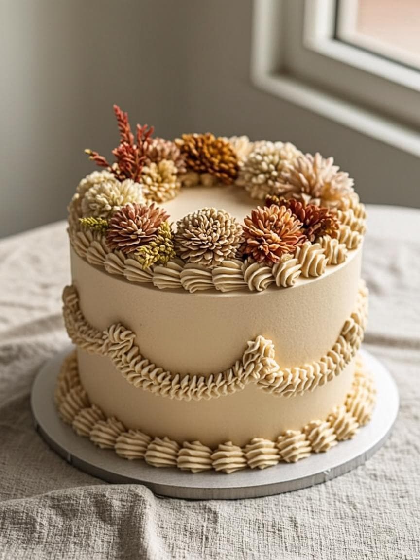 Cream-frosted celebration cake with delicate piped borders and dried flowers