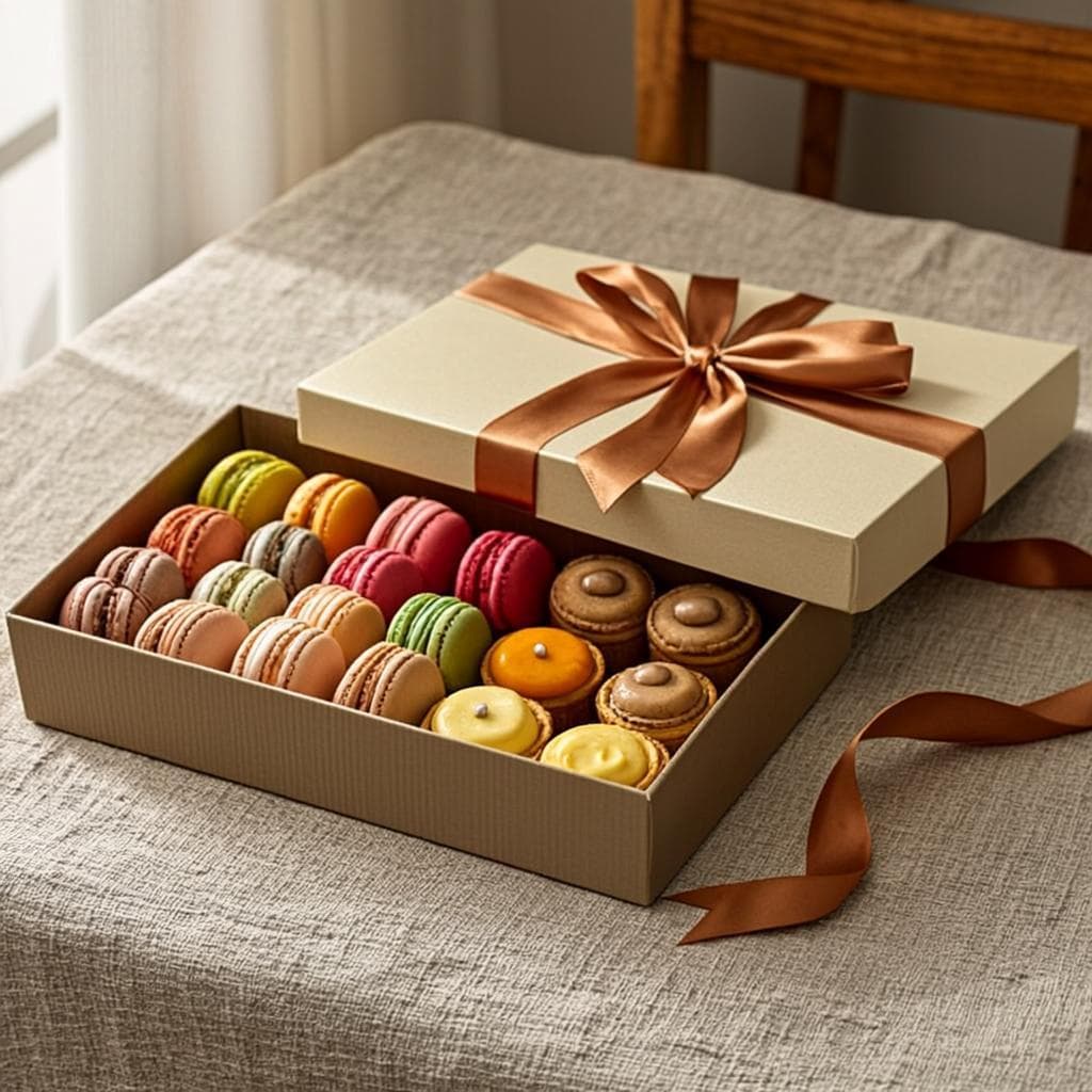 A Papilio gift box of assorted macarons and small patisserie tied with a caramel satin ribbon on linen